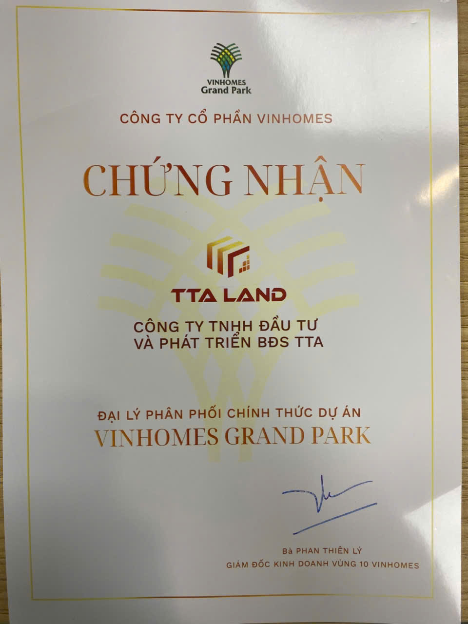 Chứng nhận TTA Land - Đại lý phân phối chính thức dự án Vinhome Grand Park